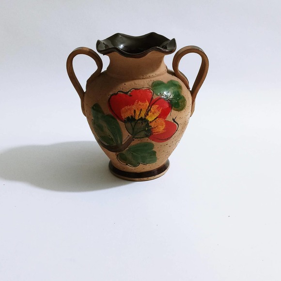 Vintage Pottery Glaze Vase Birds Floral Hand Painted Flowers (shelf) - Picture 7 of 7